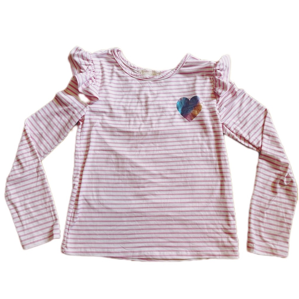 BKIND white long sleeve top with pink stripes and rainbow heart on the front